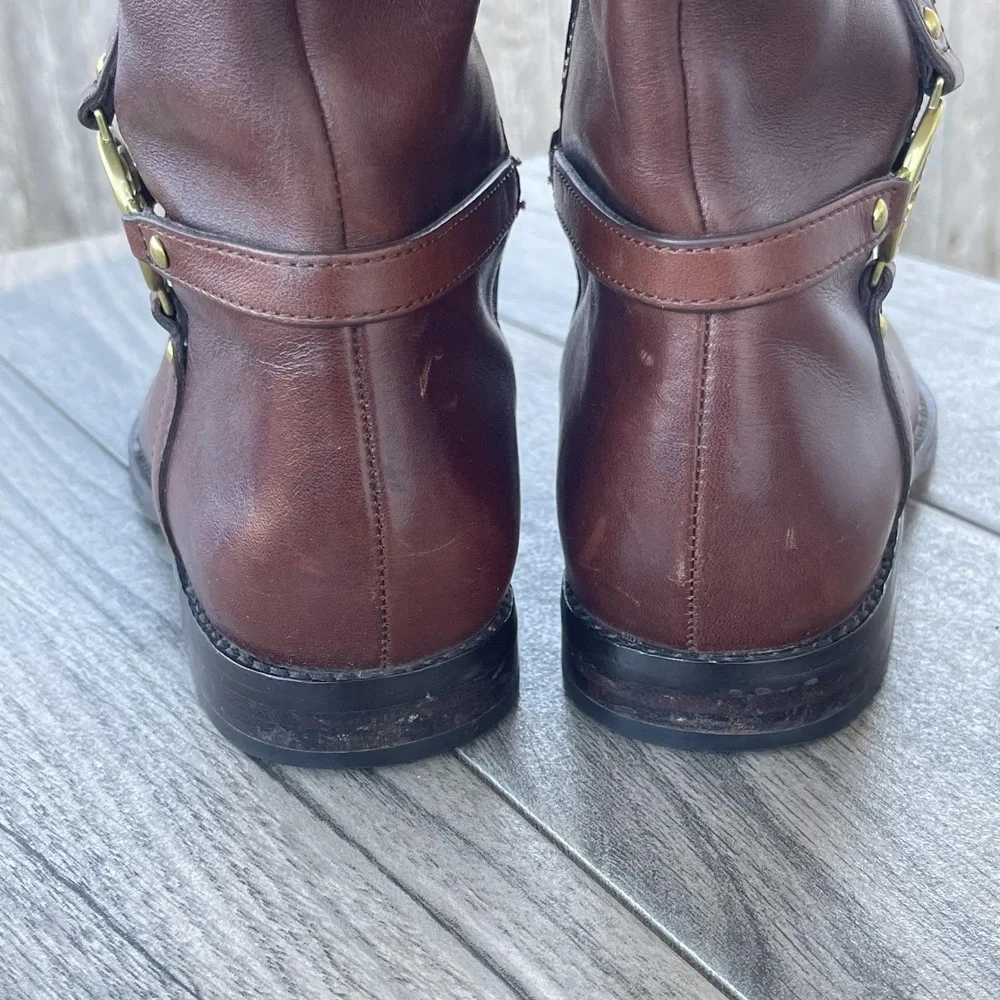 Coach Mulan‎ Tall Riding Boots Women 7B Brown Leather Logo Harness Equestrian